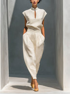 Women's Solid-color Stand-collar Sleeveless Loose-fit Cotton-linen Top & High-waisted Wide-leg Pants Casual Set