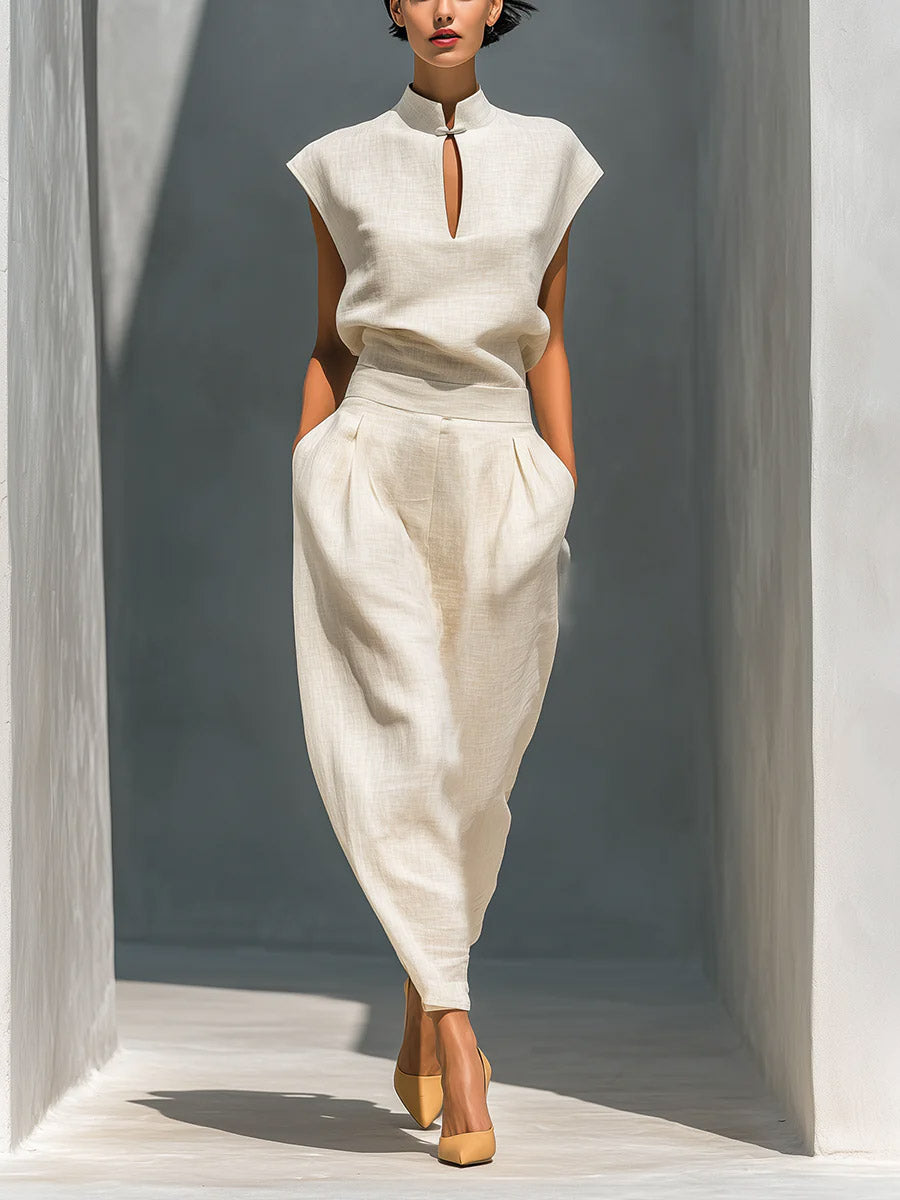 Women's Solid-color Stand-collar Sleeveless Loose-fit Cotton-linen Top & High-waisted Wide-leg Pants Casual Set
