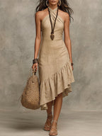 Elegant Halter-neck Ruffled Hem Cotton-linen Midi Dress
