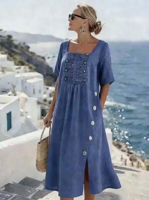Women'S Casual Solid Color Dress With A Unique Square Neckline