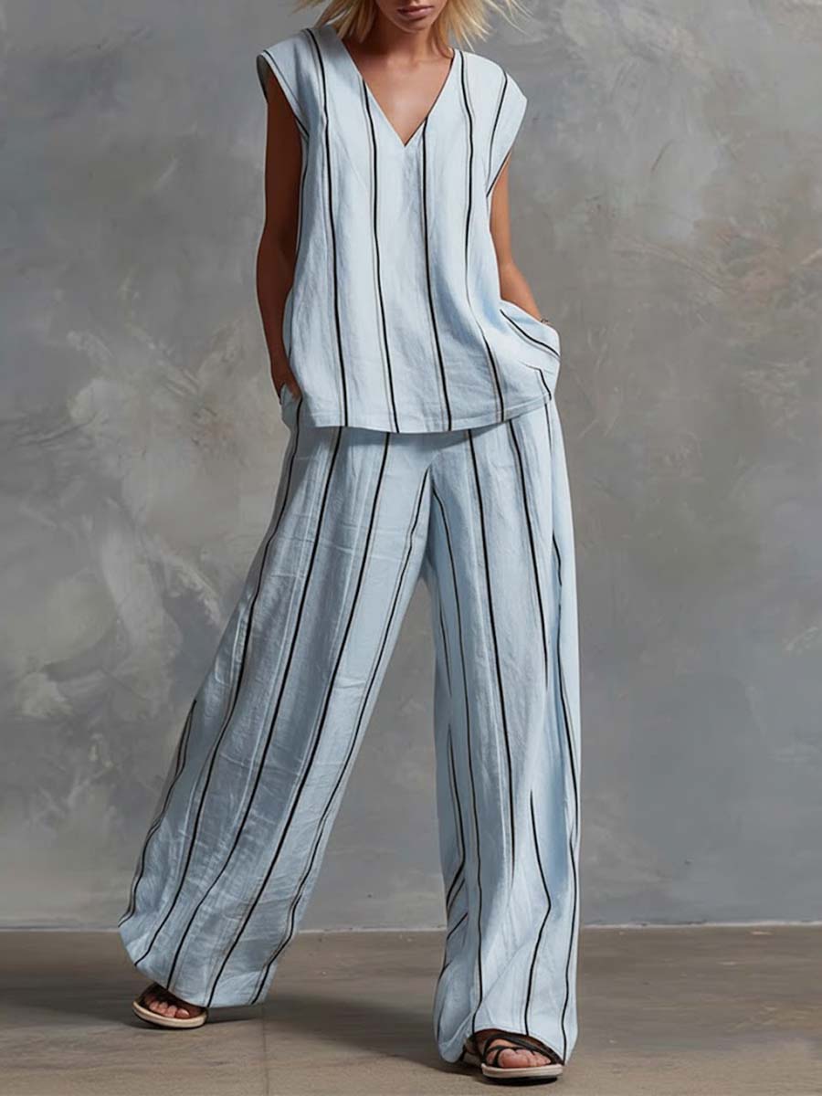 Women's V-neck Sleeveless Cotton Top High-waisted Casual Loose Cotton Wide-leg Pants Set