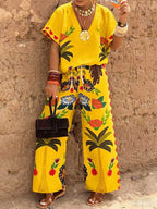 Women's Casual Cotton-linen Set: V-neck Short-sleeve Loose-fit Top With Placement Print & Elastic-waist Wide-leg Pants
