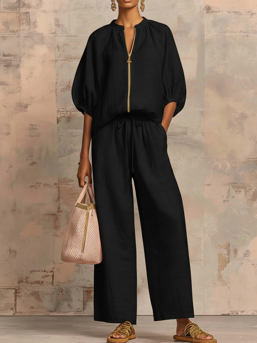 Stylish Cozy Shirt And Wide-leg Pants Linen Cotton Two-piece Set