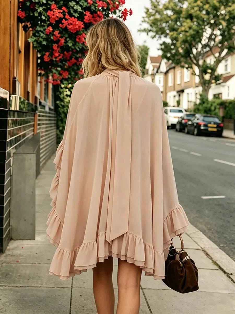 Semi-Sheer Ruffle Dress With Outer Cape Two-piece Set