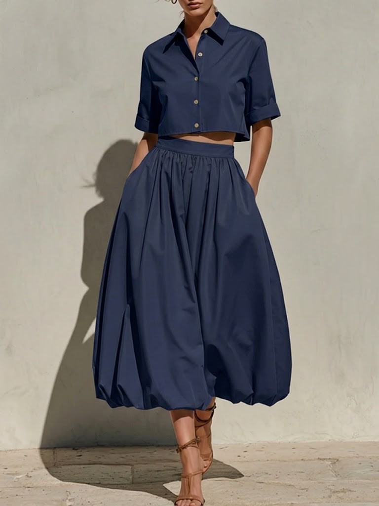 Stylish Casual Cropped Top And Balloon Skirt Two-piece Set