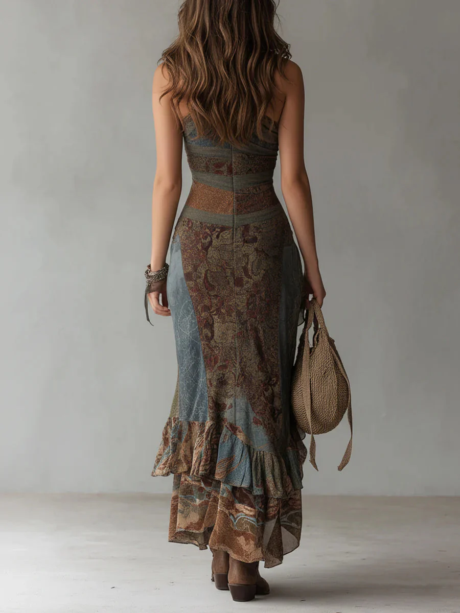 Boho Off-shoulder Asymmetrical Ruffled Hem Stretch Dress