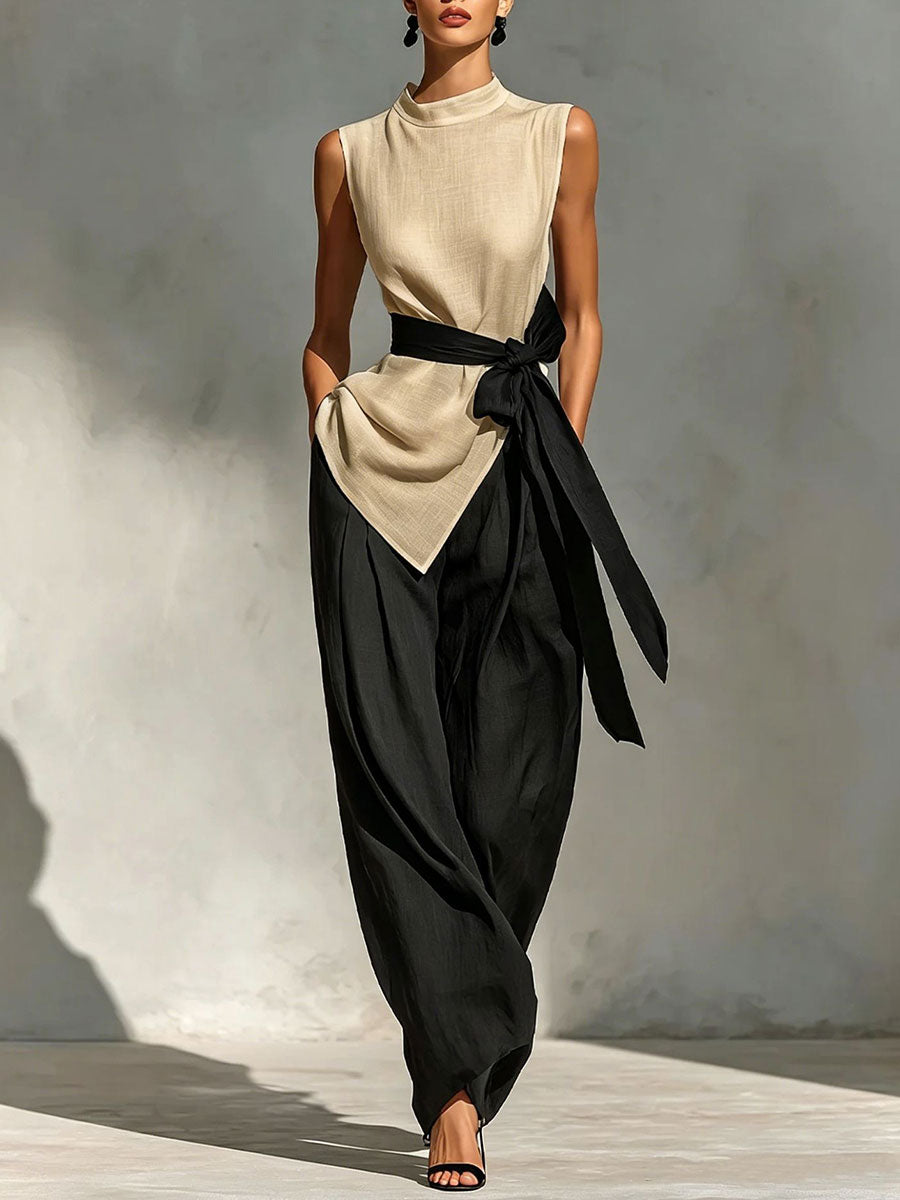 Women's Sleeveless Tie-front Detail Linen Top+ Wide-leg Pants Two-piece Set