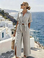 Women'S Casual Solid-Color Shirt And Button-Up Pants Set