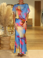 Women's Colorful Tie-patter Pattern Round Neck Short Sleeve Casual Loose Top And High Waist Slim Fit Satin Set