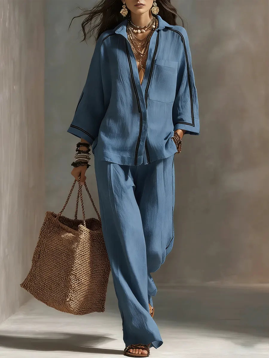 Women's Striped Decorative Shirt And Wide-leg Pants Set