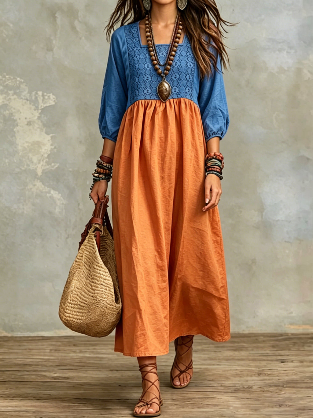 Bohemian-style Color-block Cotton-linen Dress