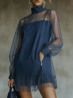 Fashionable Patchwork Organza Denim Mini Dress