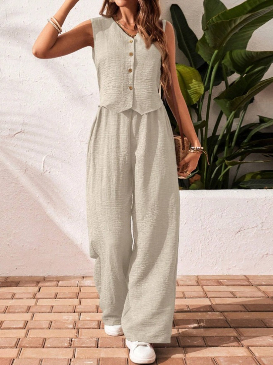 Women's Linen V-neck Front Button Vest And Pants Set