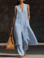 Stylish V-neck Long Shirt And Wide-leg Pant Linen Two-piece Set