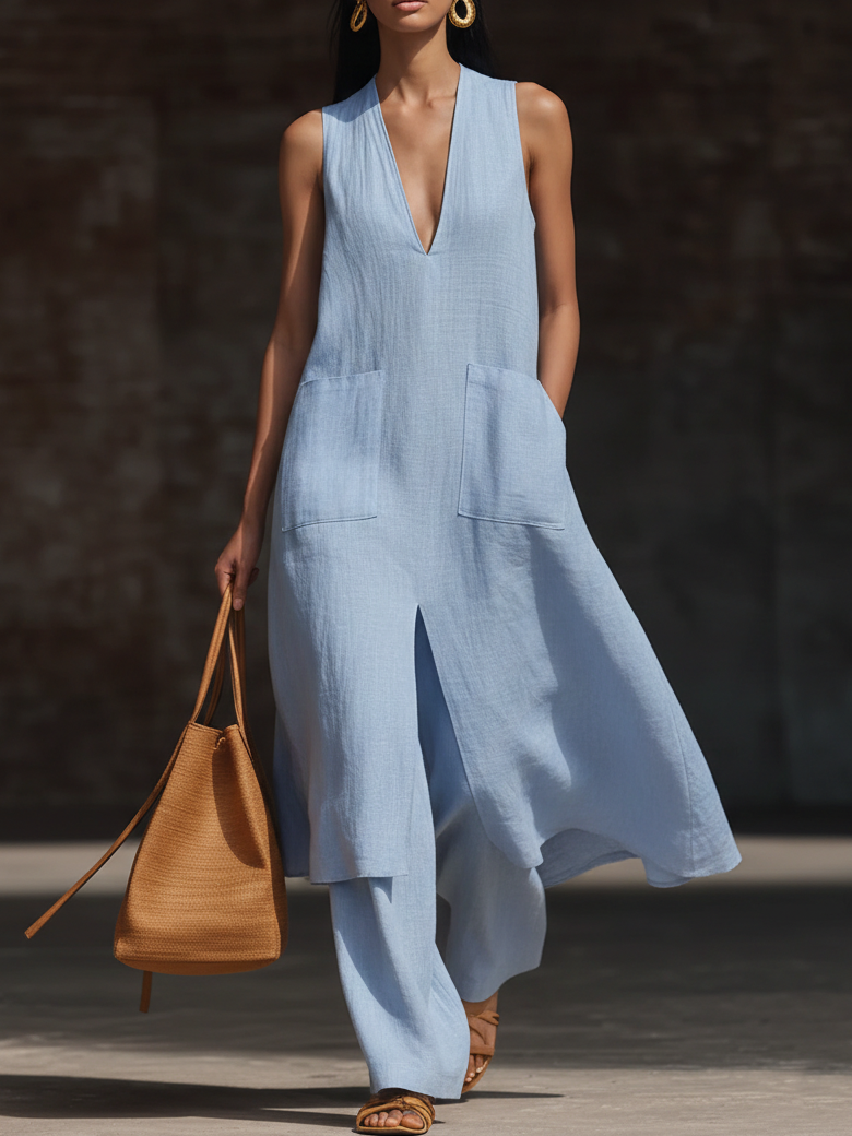 Stylish V-neck Long Shirt And Wide-leg Pant Linen Two-piece Set