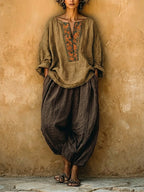 Bohemian Linen And Cotton Two-piece Top And Pants Set
