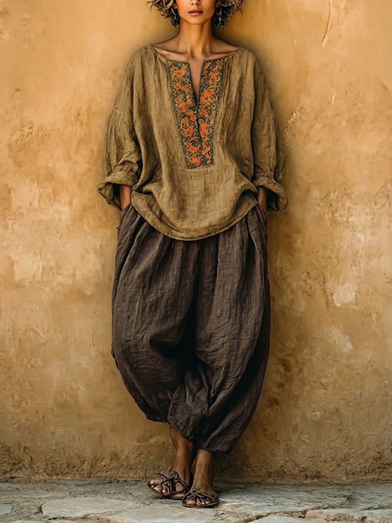 Bohemian Linen And Cotton Two-piece Top And Pants Set