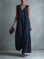 Women's Casual V-neck Sleeveless Cotton Linen Dress