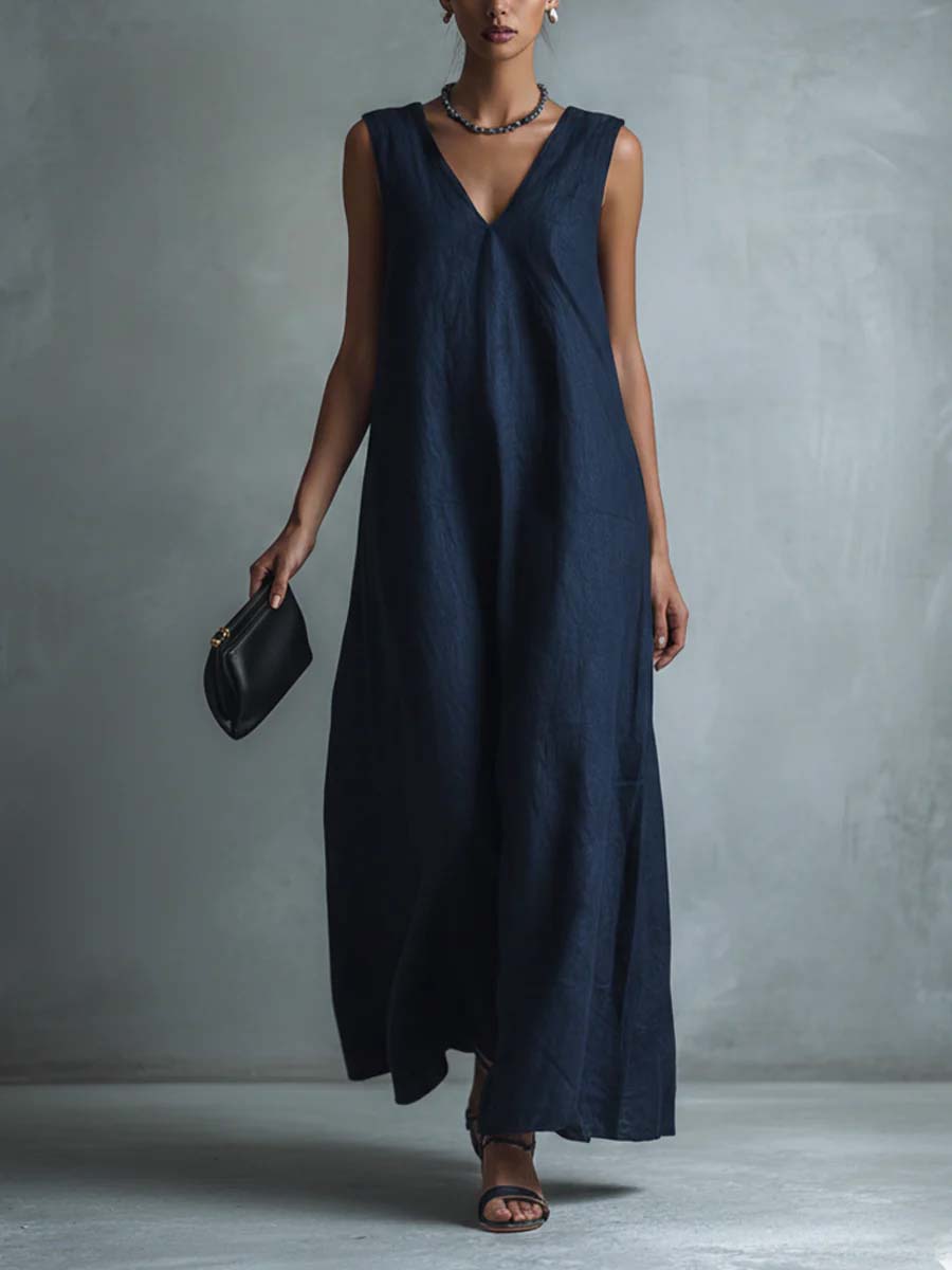 Women's Casual V-neck Sleeveless Cotton Linen Dress