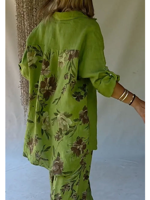 Casual Floral Print Linen And Cotton Shirt And Trousers Two-piece Set