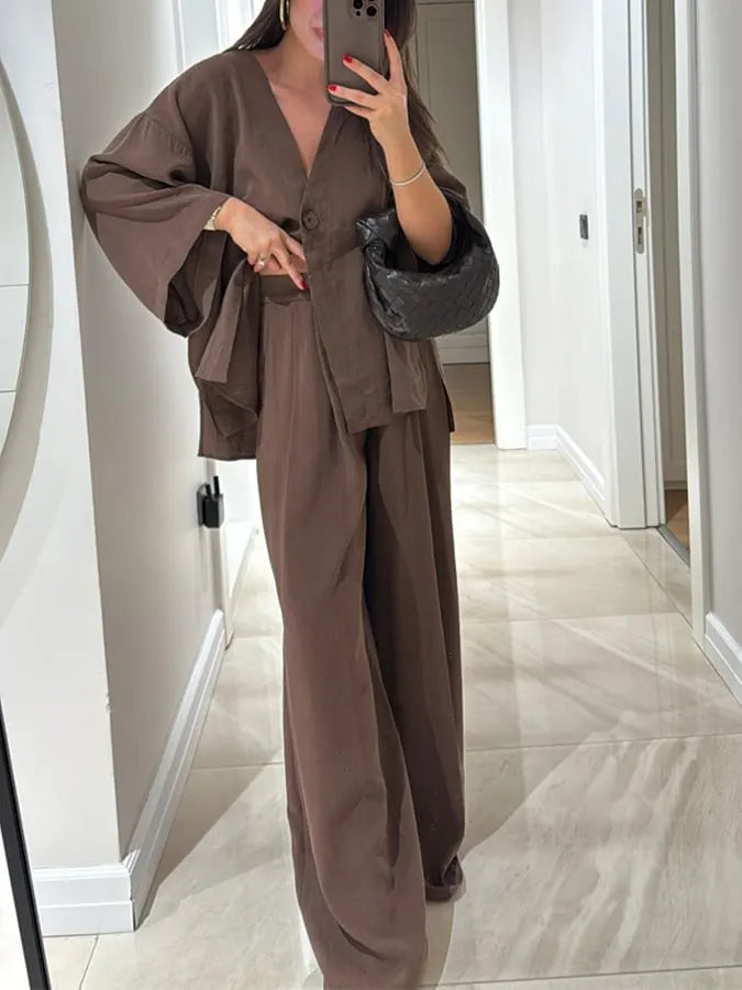 Women's Casual Solid Color Cotton and Linen Top and Pants Set