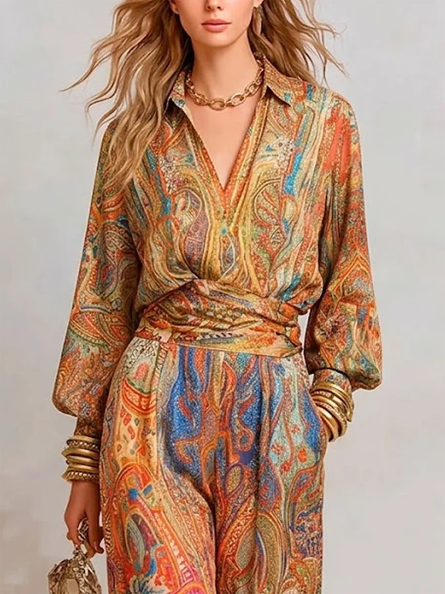 Boho Vintage Print Shirt & Wide-Leg Pants Two-Piece Set