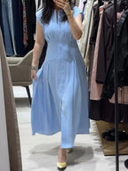 Women's Solid-color V-neck Sleeveless Casual Loose Cotton-linen Dress