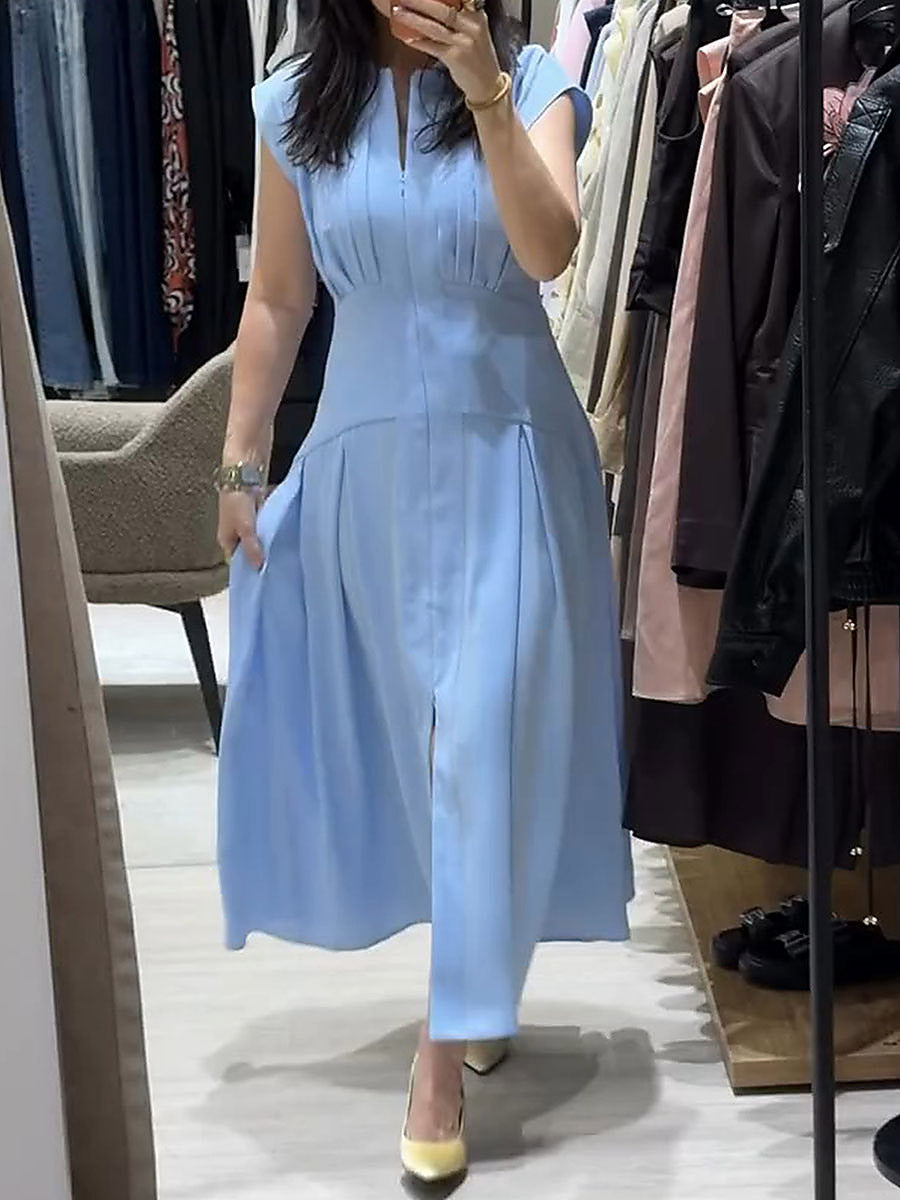 Women's Solid-color V-neck Sleeveless Casual Loose Cotton-linen Dress