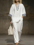 Women's V-neck 3/4 Sleeve Casual Loose Cotton Linen Top And High-waisted Casual Loose Wide-leg Pants Cotton Linen Set