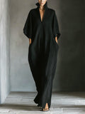 Women's Solid Color Stand Collar 3/4 Sleeve Casual Loose Cotton Linen Dress