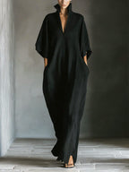 Women's Solid Color Stand Collar 3/4 Sleeve Casual Loose Cotton Linen Dress