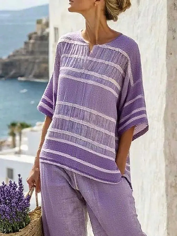 Women'S Loose Striped Printed Wide Leg Pants Set
