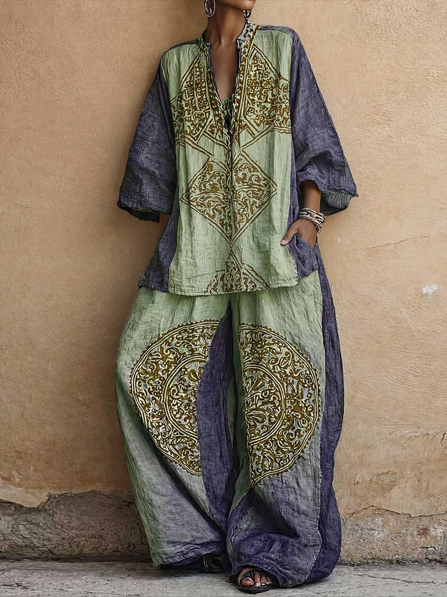 Women's Vintage-print V-neck 3/4-sleeve Loose-fit Cotton-linen Top & High-waisted Wide-leg Pants Set
