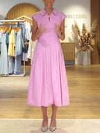 Women's Solid-color Shirt-collar Sleeveless Loose-fit Casual Cotton Dress
