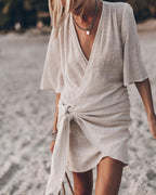 Casual Linen Cross Style V-neck Short-sleeved Dress