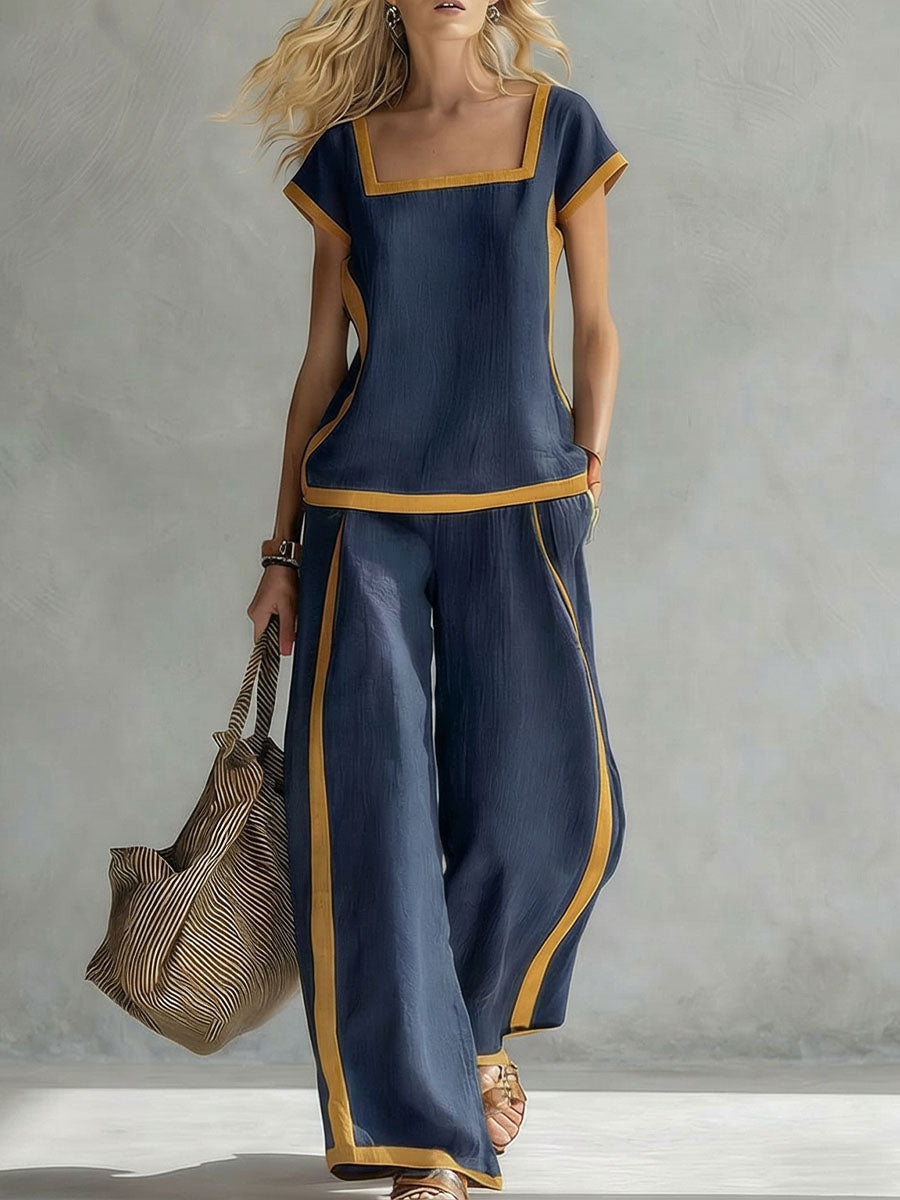 Women's Square Neck Short Sleeve Casual Loose Top High Waist Casual Loose Wide Leg Pants Cotton Linen Set