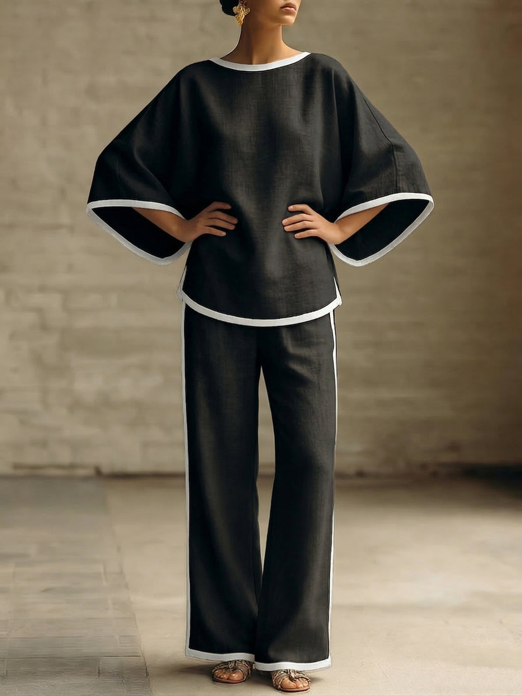 Elegant Trimmed Edge Loose Batwing Sleeve Cotton Linen Two-piece Set