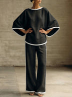 Elegant Trimmed Edge Loose Batwing Sleeve Cotton Linen Two-piece Set