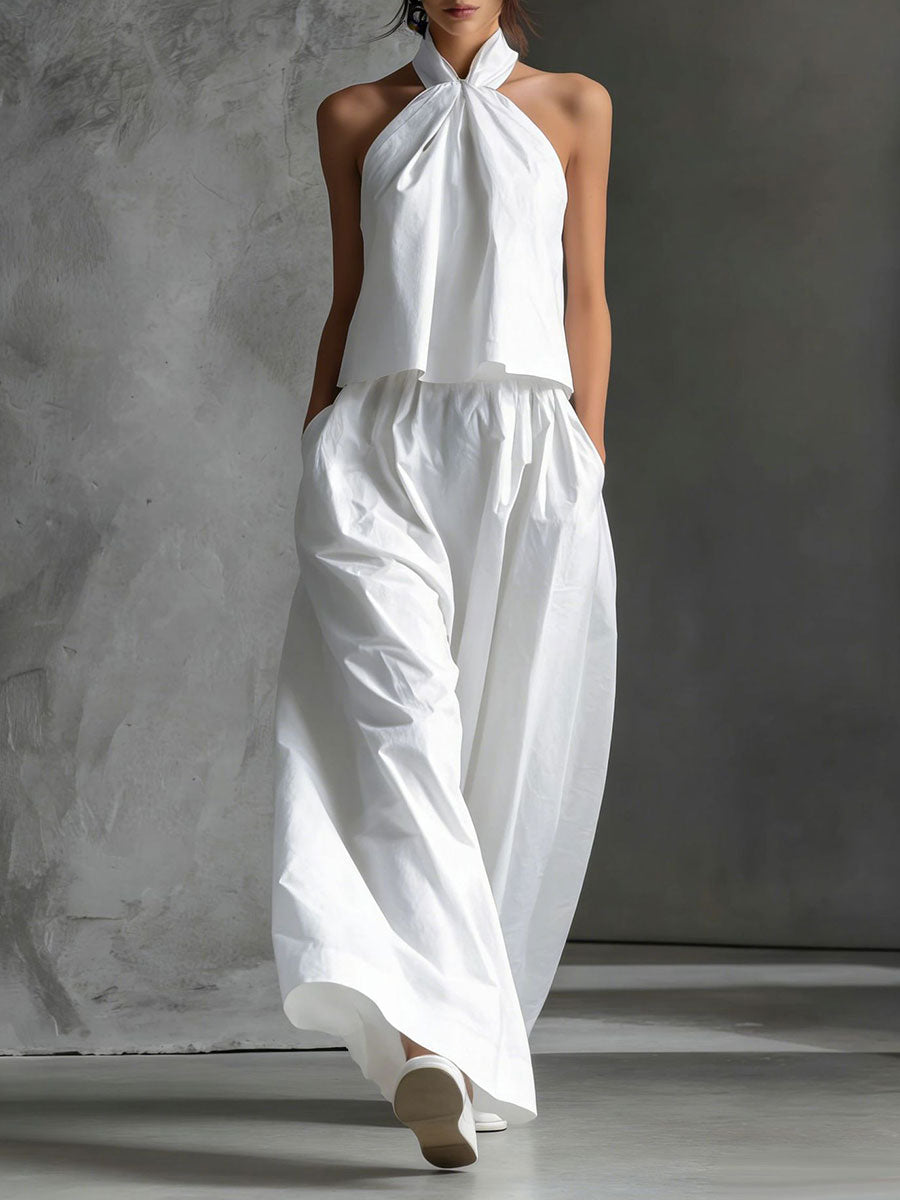 Women's Casual Sleeveless Top & High-waisted Wide-leg Pants Two-piece Set