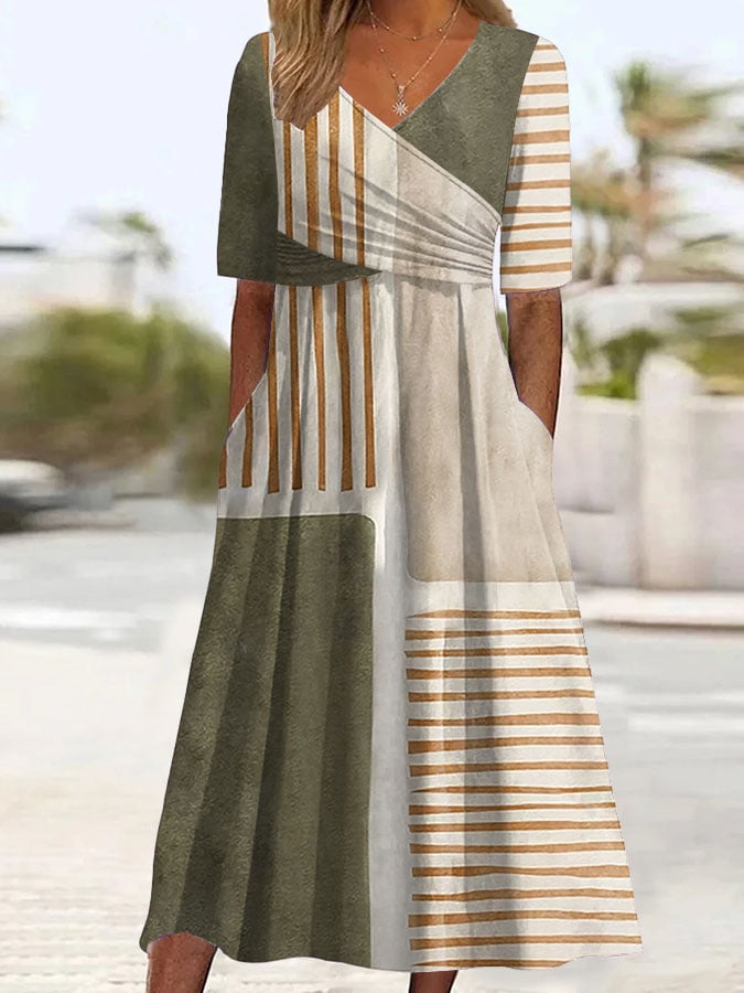 Women's Holiday Casual V-Neck Short Sleeve Contrast Striped Print Dress
