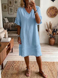 Casual Loose-fit Linen And Cotton Dress With Frayed Edges