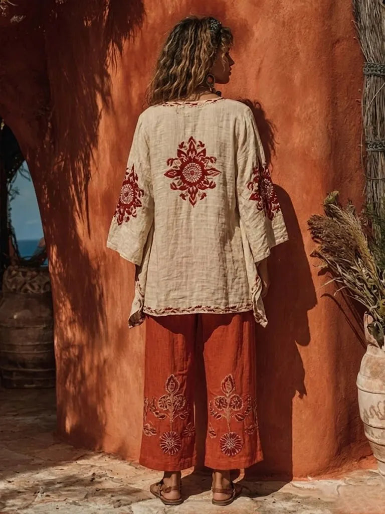 Bohemian Floral Print Linen And Cotton Two-piece Top And Pants Set