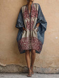 Women's Vintage-Print V-Neck 3/4-Sleeve Casual Loose Cotton-Linen Dress