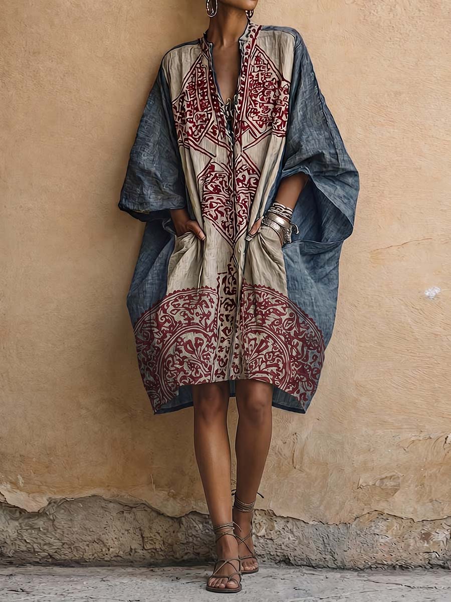 Women's Vintage-Print V-Neck 3/4-Sleeve Casual Loose Cotton-Linen Dress