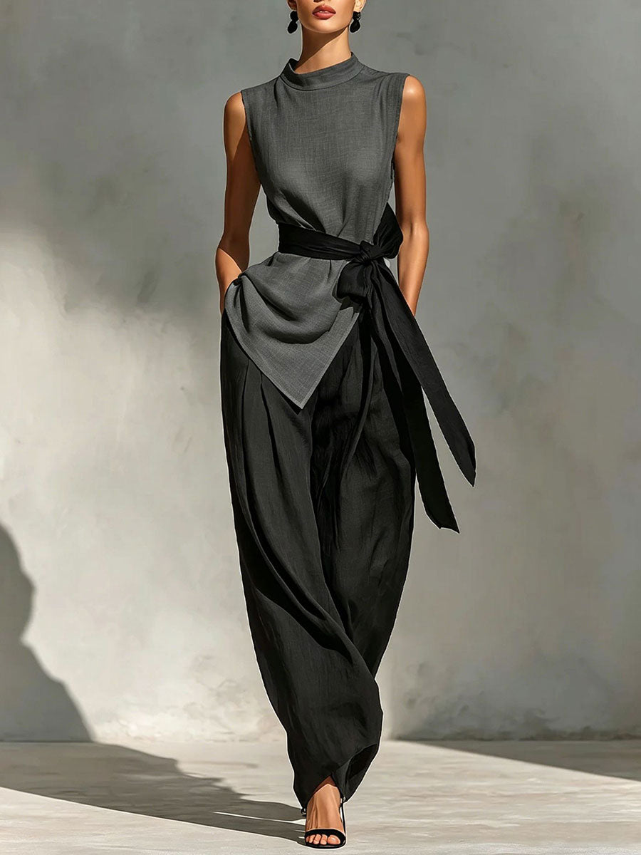 Women's Sleeveless Tie-front Detail Linen Top+ Wide-leg Pants Two-piece Set
