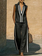 Elegant Trimmed Edge Color-blocked Cotton Linen Two-piece Set