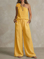 3d Floral One-shoulder Sleeveless Top And Pants Set