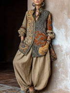 Bohemian-print Linen And Cotton Shirt And Pants Two-piece Set