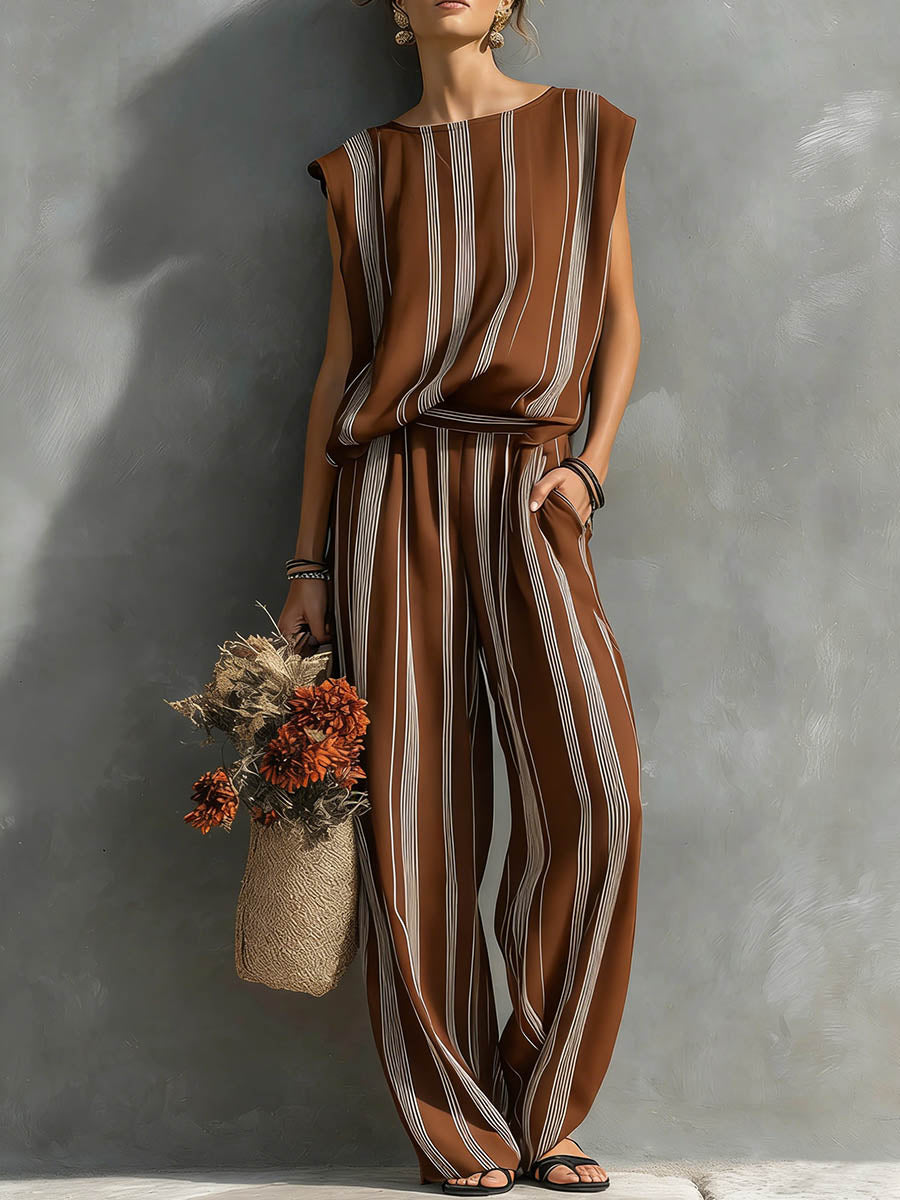 Women's Casual Striped Print Outfit: Crew Neck Sleeveless Loose-fit Top & High-waisted Wide-leg Pants Set