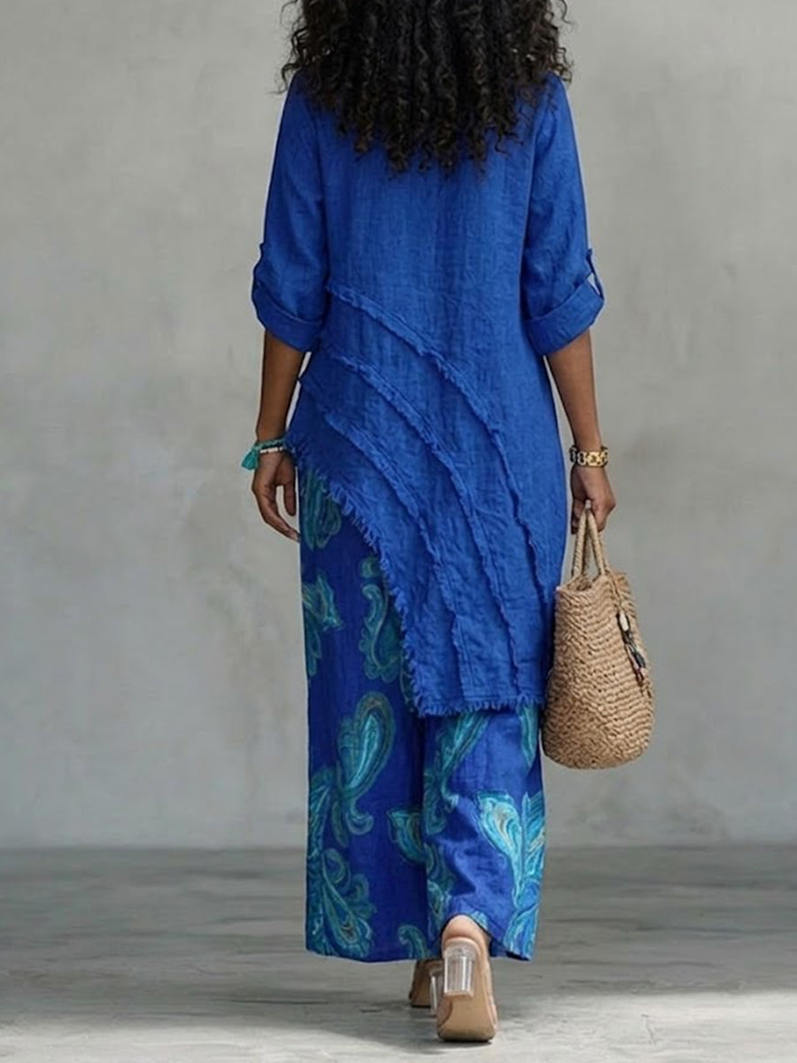 Casual Two-piece Set: Asymmetrical-hem Linen-cotton Top And Paisley-print Pants